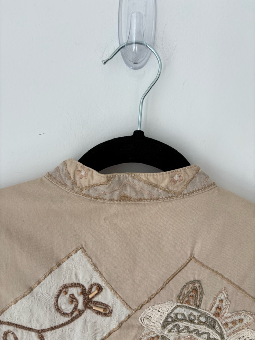 Vintage TanJay Embroidered Patchwork Jacket Beige Boho Cotton Cropped Blazer - Picture 10 of 12